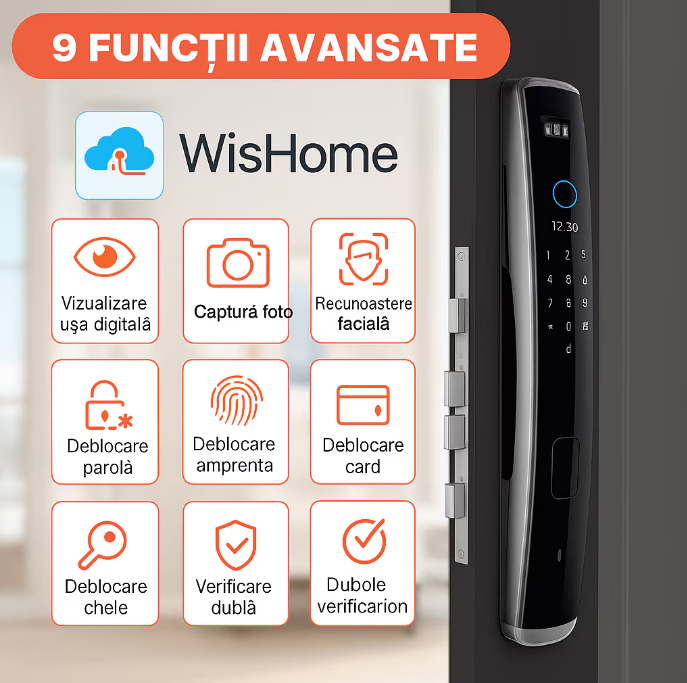 Yala Inteligenta cu Amprenta si WiFi Veloro® – Deschidere prin Aplicatie, Cod PIN, Card si Cheie – Rezistenta la Apa, Montaj Universal